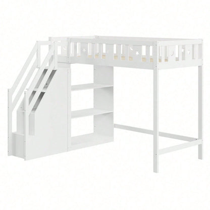Hochbett 90*200 cm, mit Stauraumleiter und Regalen, Einzelholzbett, Jugendbett, Kinderbett, Massivholzrahmen, weiß