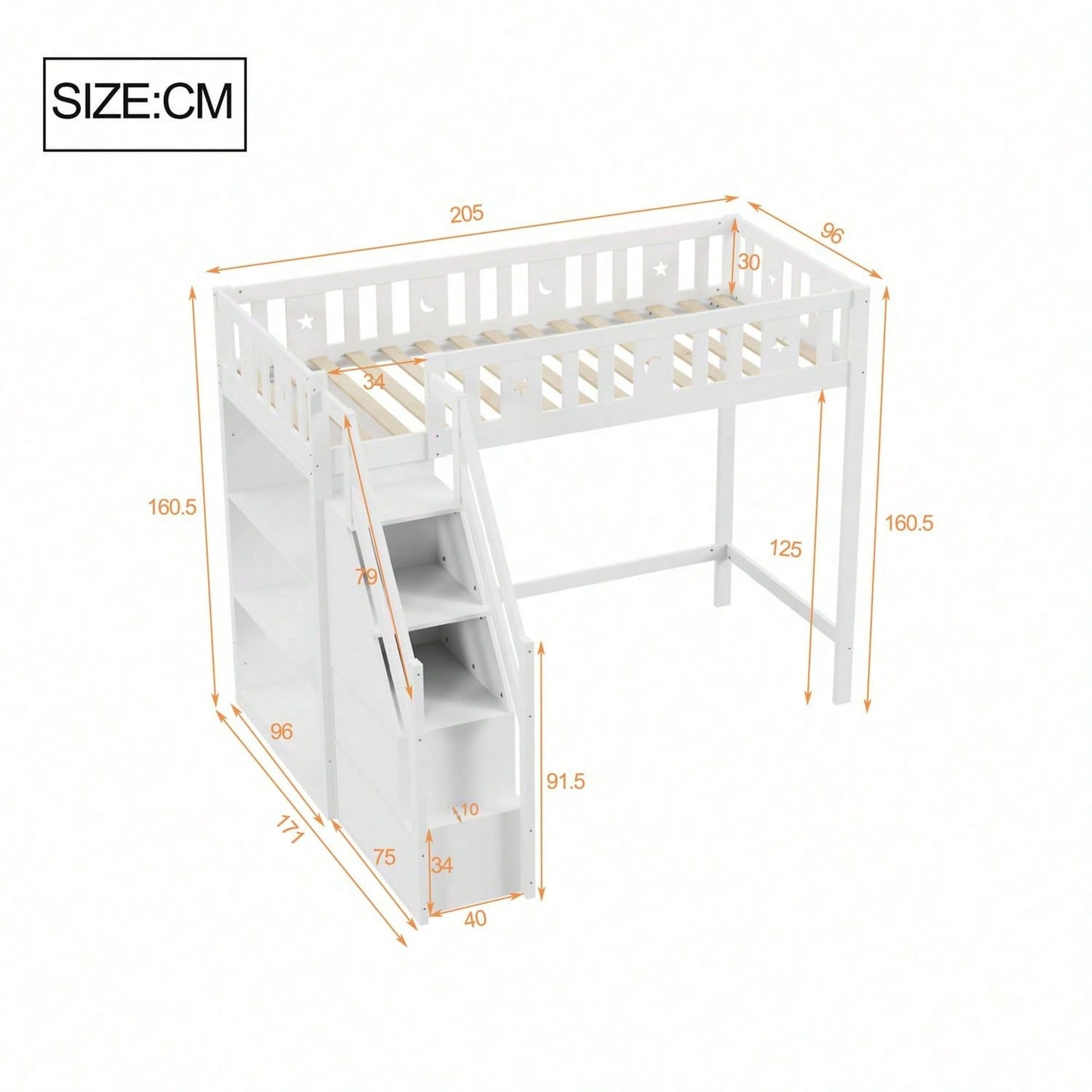 Hochbett 90*200 cm, mit Stauraumleiter und Regalen, Einzelholzbett, Jugendbett, Kinderbett, Massivholzrahmen, weiß