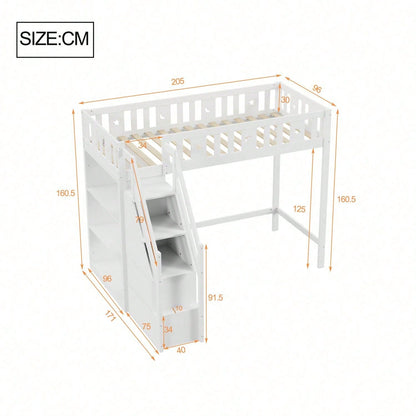 Hochbett 90*200 cm, mit Stauraumleiter und Regalen, Einzelholzbett, Jugendbett, Kinderbett, Massivholzrahmen, weiß
