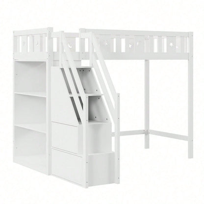 Hochbett 90*200 cm, mit Stauraumleiter und Regalen, Einzelholzbett, Jugendbett, Kinderbett, Massivholzrahmen, weiß