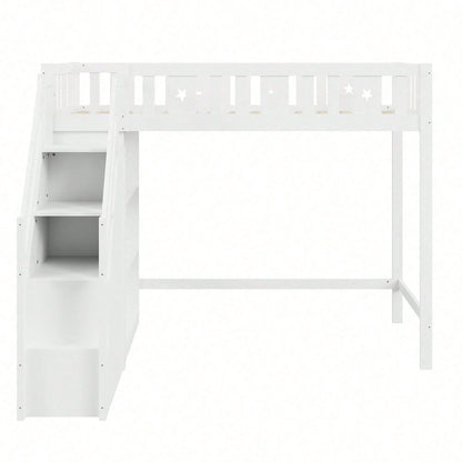 Hochbett 90*200 cm, mit Stauraumleiter und Regalen, Einzelholzbett, Jugendbett, Kinderbett, Massivholzrahmen, weiß