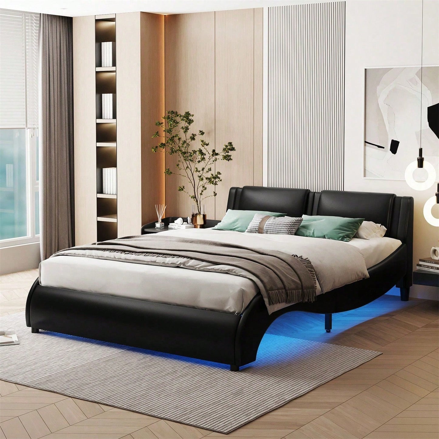 Polsterbett 140*200cm Kunstlederbett mit LED-Lichtbettgestell mit Lattenrosten Schwarz