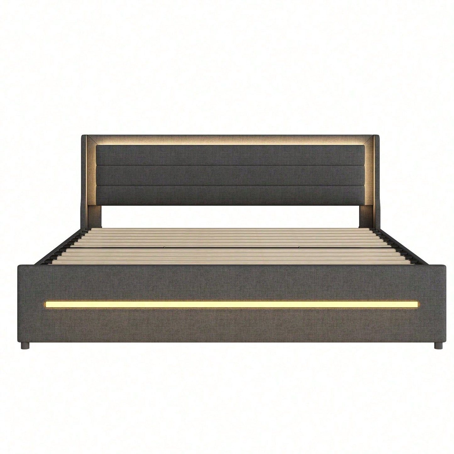 Polsterbett 180*200 mit farbwechselnder LED-Beleuchtung, mit vier Ablagefächern, Leinenstoff, Doppelflachbett mit Lattenrost, Grau (Matratze nicht enthalten)