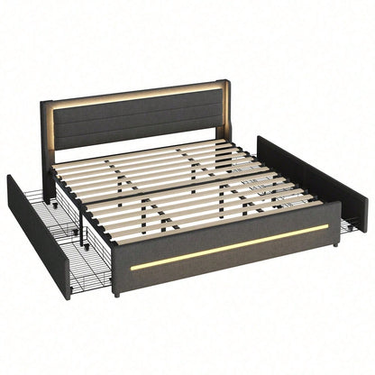 Polsterbett 180*200 mit farbwechselnder LED-Beleuchtung, mit vier Ablagefächern, Leinenstoff, Doppelflachbett mit Lattenrost, Grau (Matratze nicht enthalten)