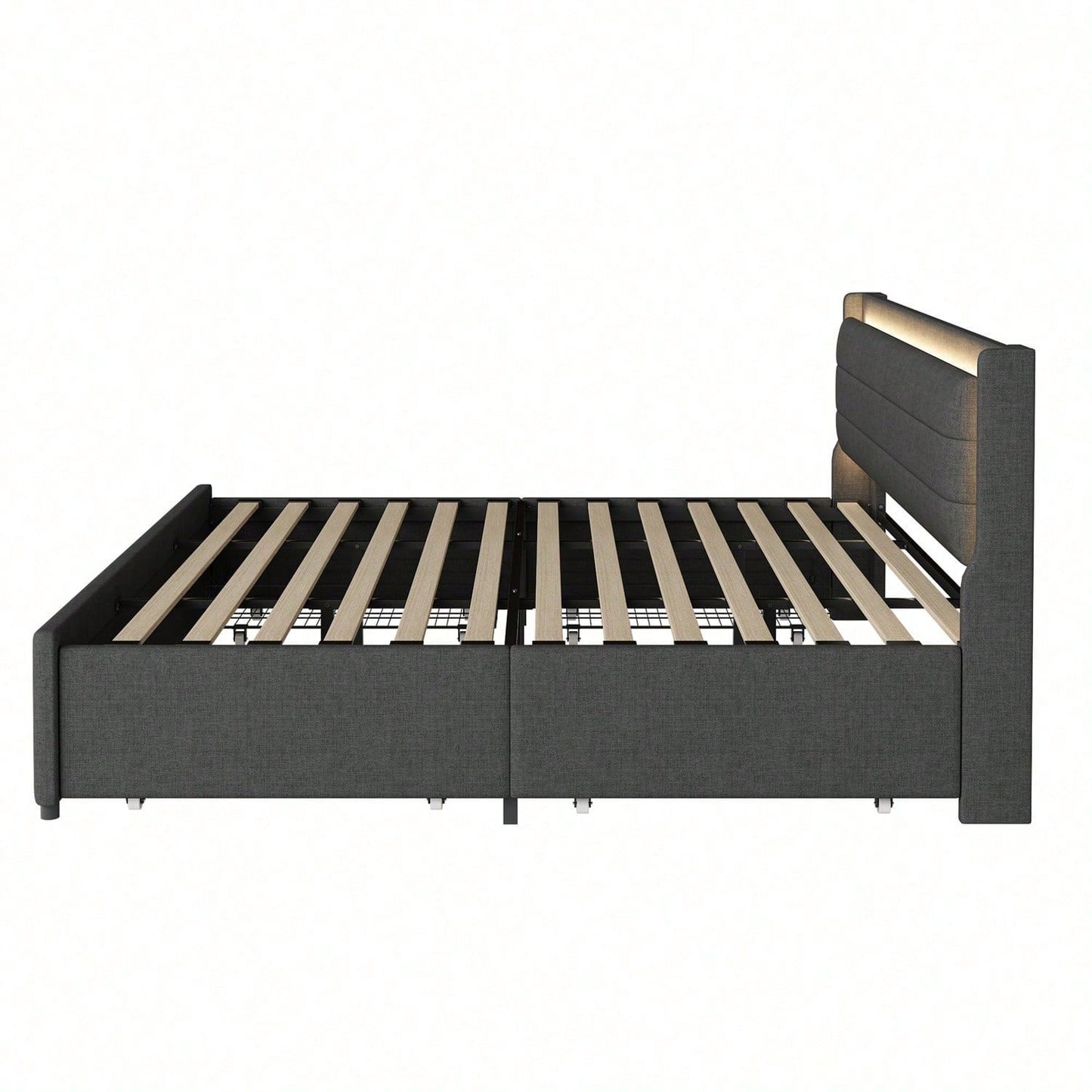 Polsterbett 180*200 mit farbwechselnder LED-Beleuchtung, mit vier Ablagefächern, Leinenstoff, Doppelflachbett mit Lattenrost, Grau (Matratze nicht enthalten)
