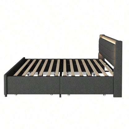 Polsterbett 180*200 mit farbwechselnder LED-Beleuchtung, mit vier Ablagefächern, Leinenstoff, Doppelflachbett mit Lattenrost, Grau (Matratze nicht enthalten)
