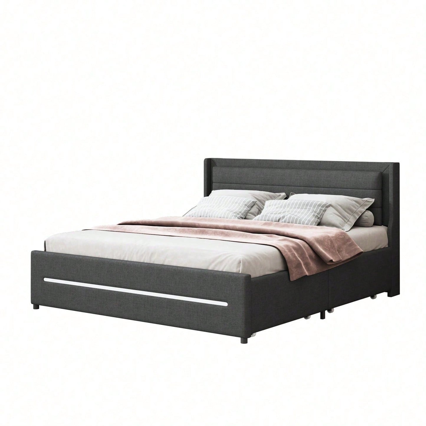 Polsterbett 180*200 mit farbwechselnder LED-Beleuchtung, mit vier Ablagefächern, Leinenstoff, Doppelflachbett mit Lattenrost, Grau (Matratze nicht enthalten)