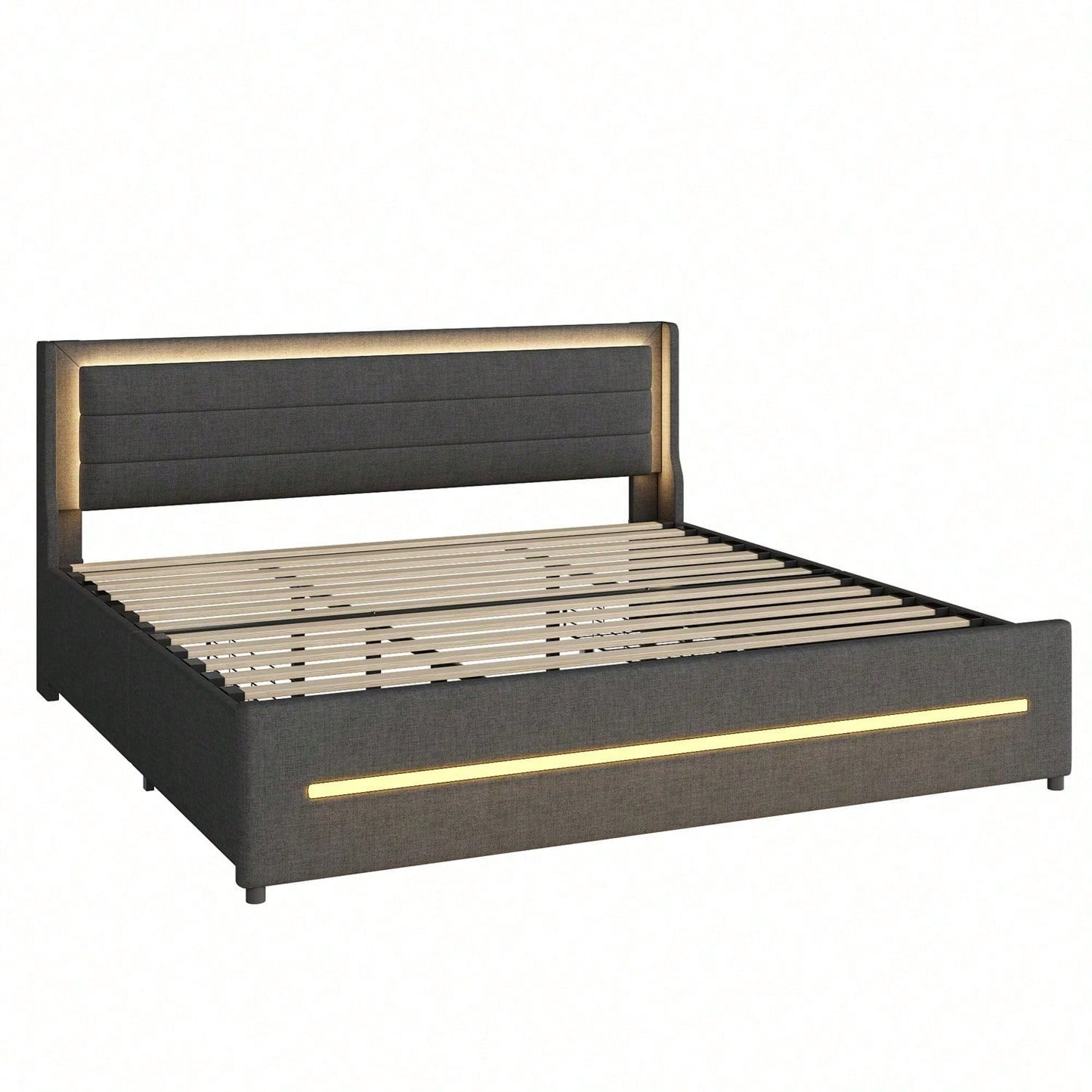 Polsterbett 180*200 mit farbwechselnder LED-Beleuchtung, mit vier Ablagefächern, Leinenstoff, Doppelflachbett mit Lattenrost, Grau (Matratze nicht enthalten)