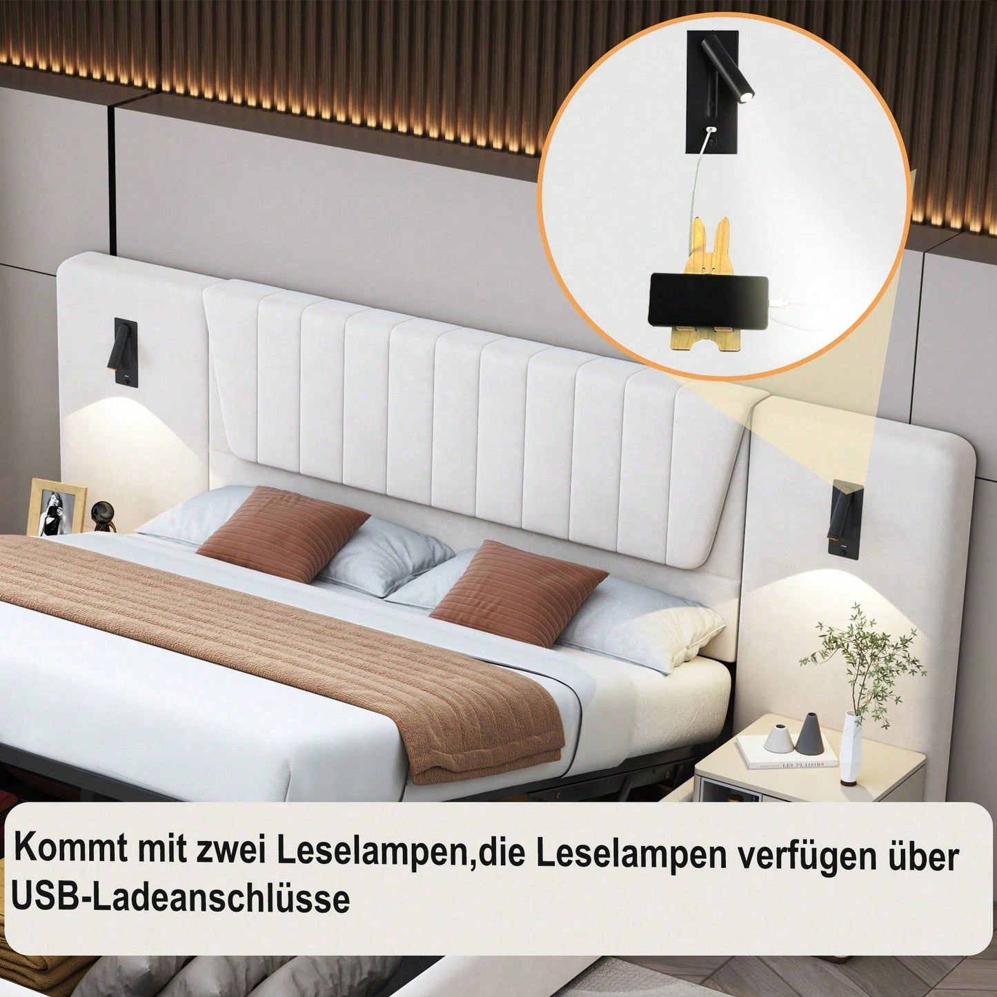 Polsterbett 180*200cm, Mit extralanger Rückenlehne, Leselampe mit verstellbarer Richtung, Mit USB-Ladeanschluss, Hydraulisches Stauraumbett, Doppelbett, Samtstoff, Beige