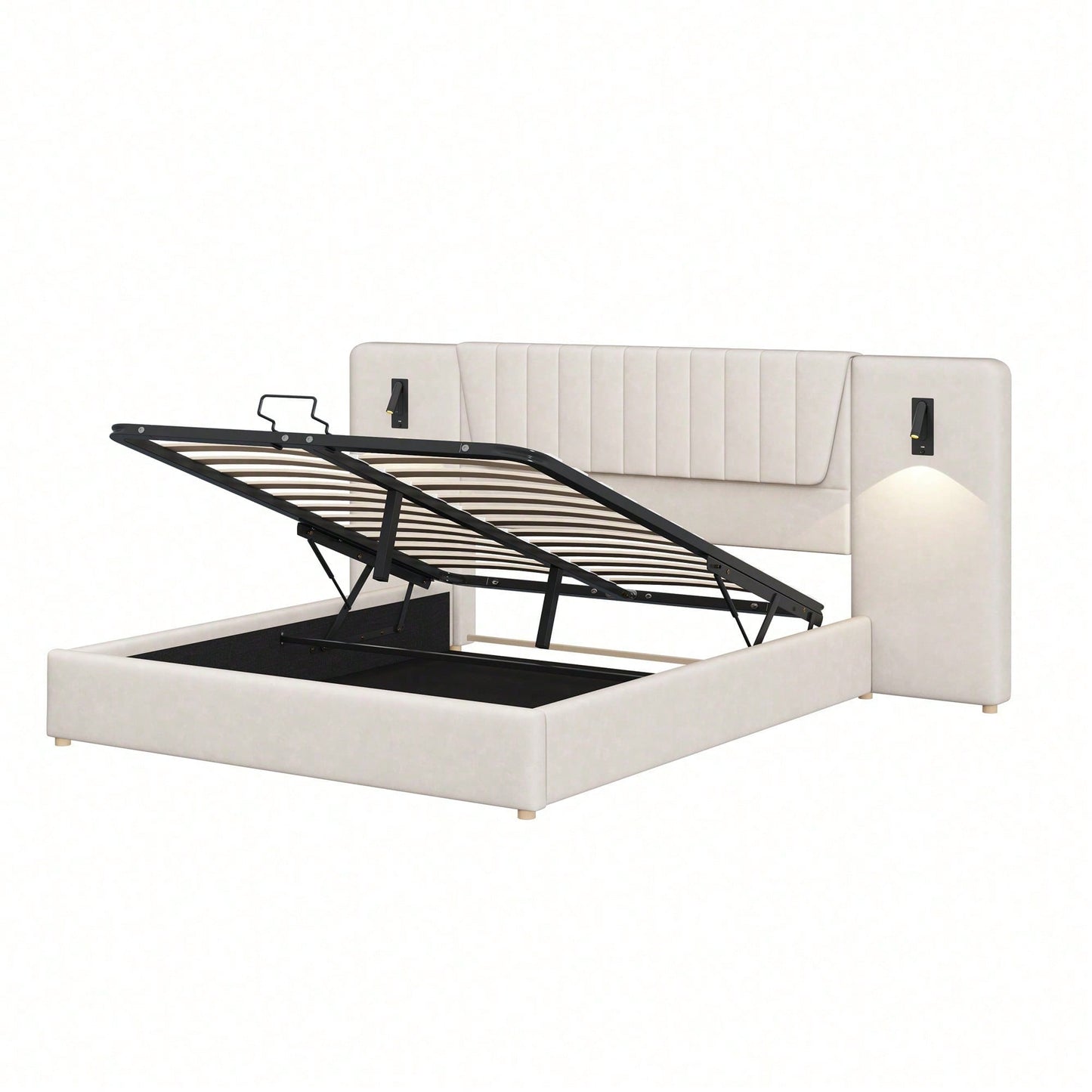 Polsterbett 180*200cm, Mit extralanger Rückenlehne, Leselampe mit verstellbarer Richtung, Mit USB-Ladeanschluss, Hydraulisches Stauraumbett, Doppelbett, Samtstoff, Beige