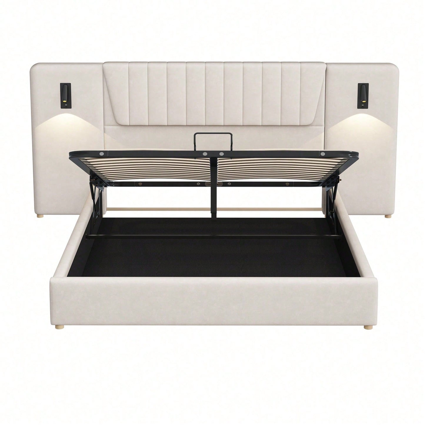 Polsterbett 180*200cm, Mit extralanger Rückenlehne, Leselampe mit verstellbarer Richtung, Mit USB-Ladeanschluss, Hydraulisches Stauraumbett, Doppelbett, Samtstoff, Beige