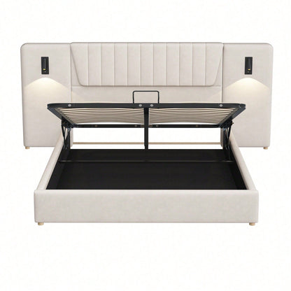 Polsterbett 180*200cm, Mit extralanger Rückenlehne, Leselampe mit verstellbarer Richtung, Mit USB-Ladeanschluss, Hydraulisches Stauraumbett, Doppelbett, Samtstoff, Beige