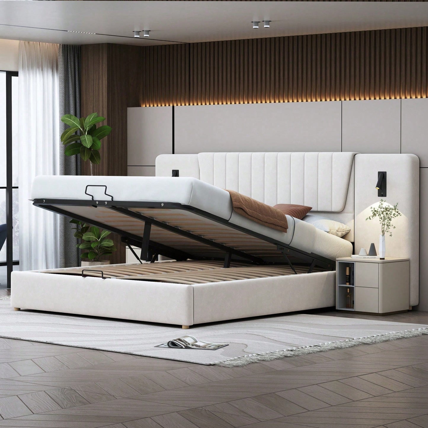 Polsterbett 180*200cm, Mit extralanger Rückenlehne, Leselampe mit verstellbarer Richtung, Mit USB-Ladeanschluss, Hydraulisches Stauraumbett, Doppelbett, Samtstoff, Beige