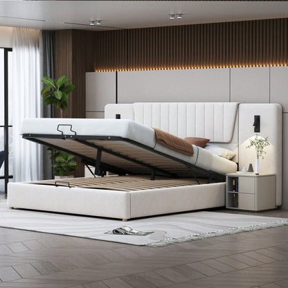 Polsterbett 180*200cm, Mit extralanger Rückenlehne, Leselampe mit verstellbarer Richtung, Mit USB-Ladeanschluss, Hydraulisches Stauraumbett, Doppelbett, Samtstoff, Beige