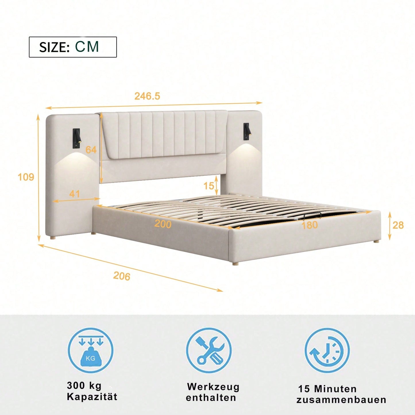 Polsterbett 180*200cm, Mit extralanger Rückenlehne, Leselampe mit verstellbarer Richtung, Mit USB-Ladeanschluss, Hydraulisches Stauraumbett, Doppelbett, Samtstoff, Beige