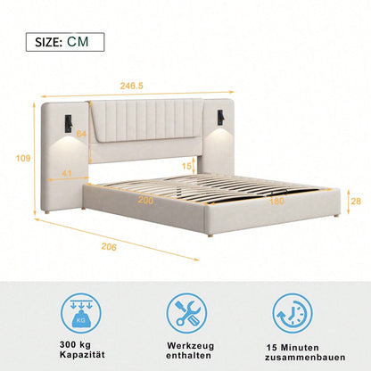 Polsterbett 180*200cm, Mit extralanger Rückenlehne, Leselampe mit verstellbarer Richtung, Mit USB-Ladeanschluss, Hydraulisches Stauraumbett, Doppelbett, Samtstoff, Beige