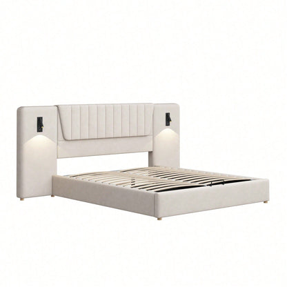 Polsterbett 180*200cm, Mit extralanger Rückenlehne, Leselampe mit verstellbarer Richtung, Mit USB-Ladeanschluss, Hydraulisches Stauraumbett, Doppelbett, Samtstoff, Beige