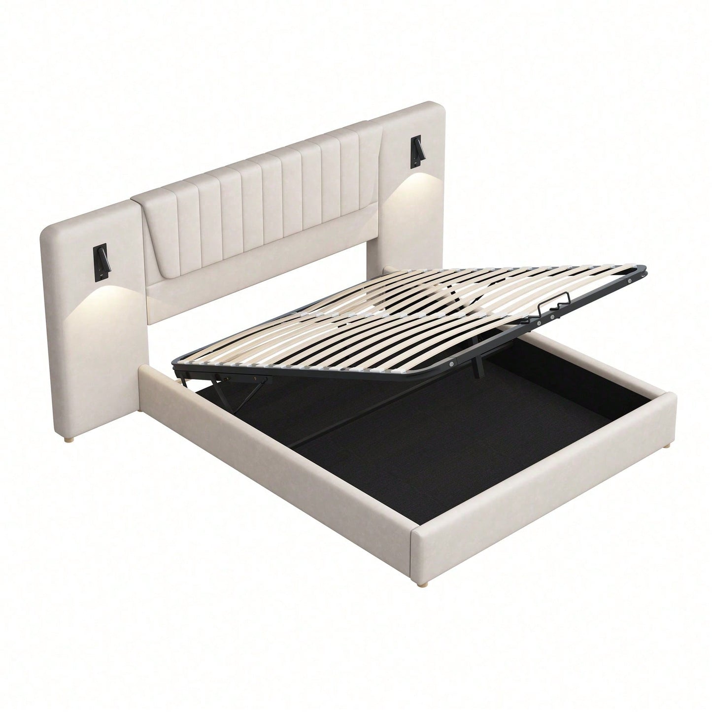 Polsterbett 180*200cm, Mit extralanger Rückenlehne, Leselampe mit verstellbarer Richtung, Mit USB-Ladeanschluss, Hydraulisches Stauraumbett, Doppelbett, Samtstoff, Beige