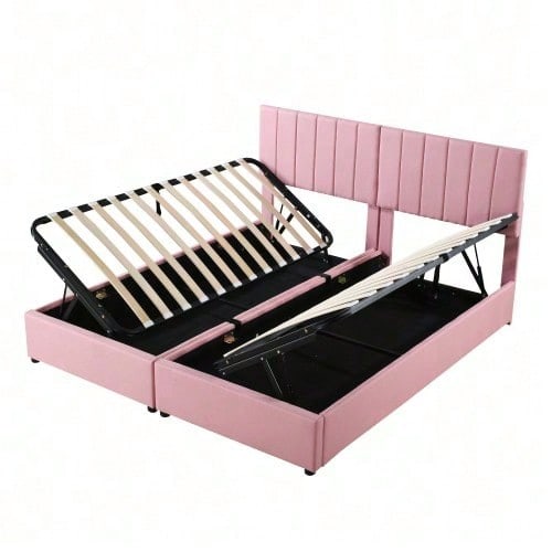 Polsterbett 180x200 cm, hydraulisches Stauraumbett, hautfreundliches Leinen-Hochkastenbett, multifunktionales Doppelbett, Rosa