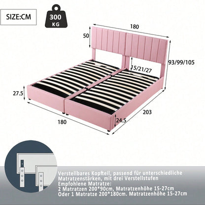 Polsterbett 180x200 cm, hydraulisches Stauraumbett, hautfreundliches Leinen-Hochkastenbett, multifunktionales Doppelbett, Rosa