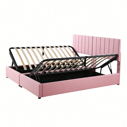 Polsterbett 180x200 cm, hydraulisches Stauraumbett, hautfreundliches Leinen-Hochkastenbett, multifunktionales Doppelbett, Rosa