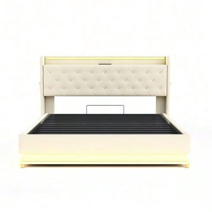 LED Polsterbett 160*200 cm mit USB-Ladeanschluss und Hydraulischer Lagerung, Hautfreundlicher Leinenstoff Beige