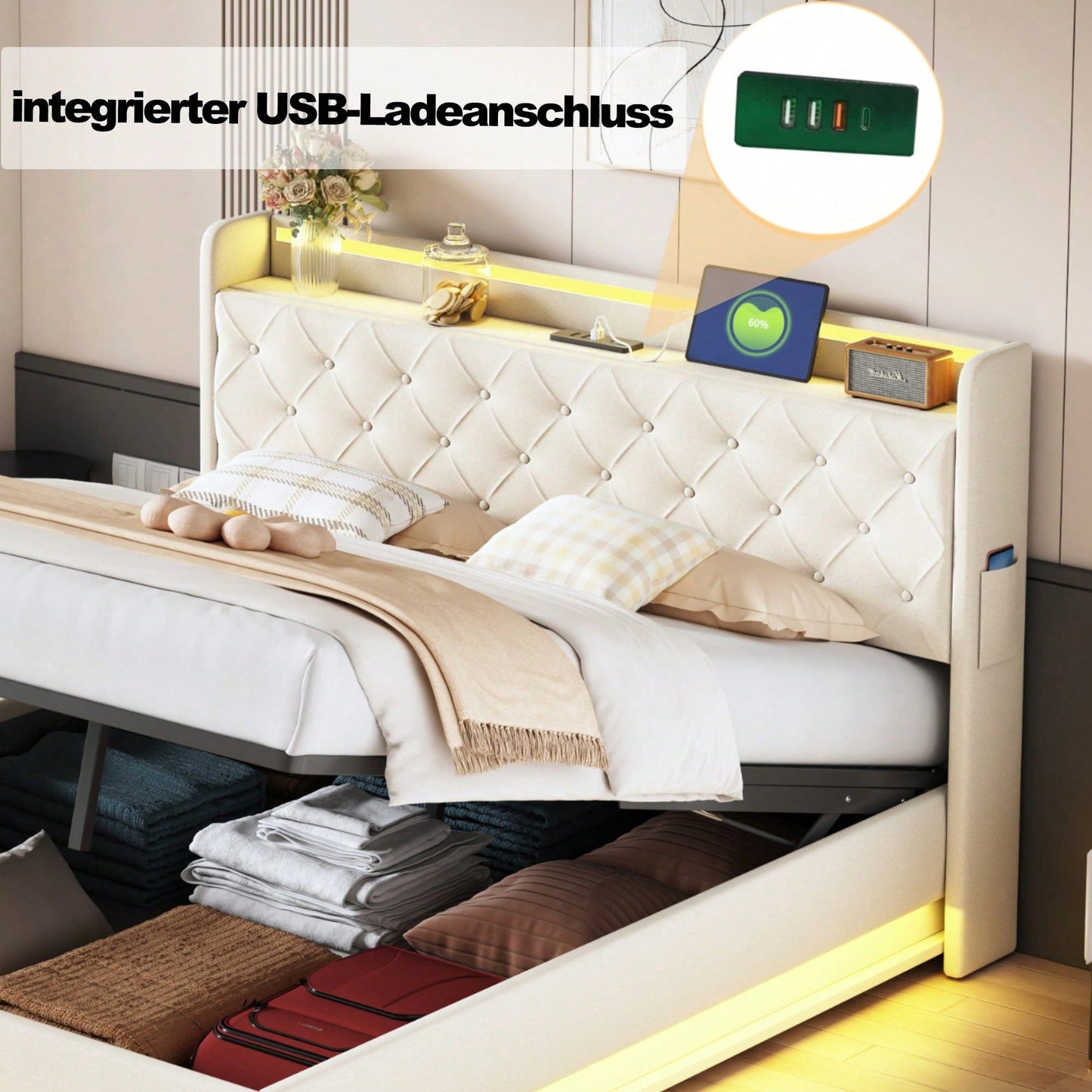 LED Polsterbett 160*200 cm mit USB-Ladeanschluss und Hydraulischer Lagerung, Hautfreundlicher Leinenstoff Beige
