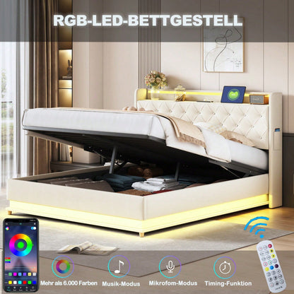 LED Polsterbett 160*200 cm mit USB-Ladeanschluss und Hydraulischer Lagerung, Hautfreundlicher Leinenstoff Beige