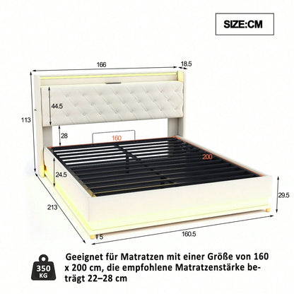 LED Polsterbett 160*200 cm mit USB-Ladeanschluss und Hydraulischer Lagerung, Hautfreundlicher Leinenstoff Beige