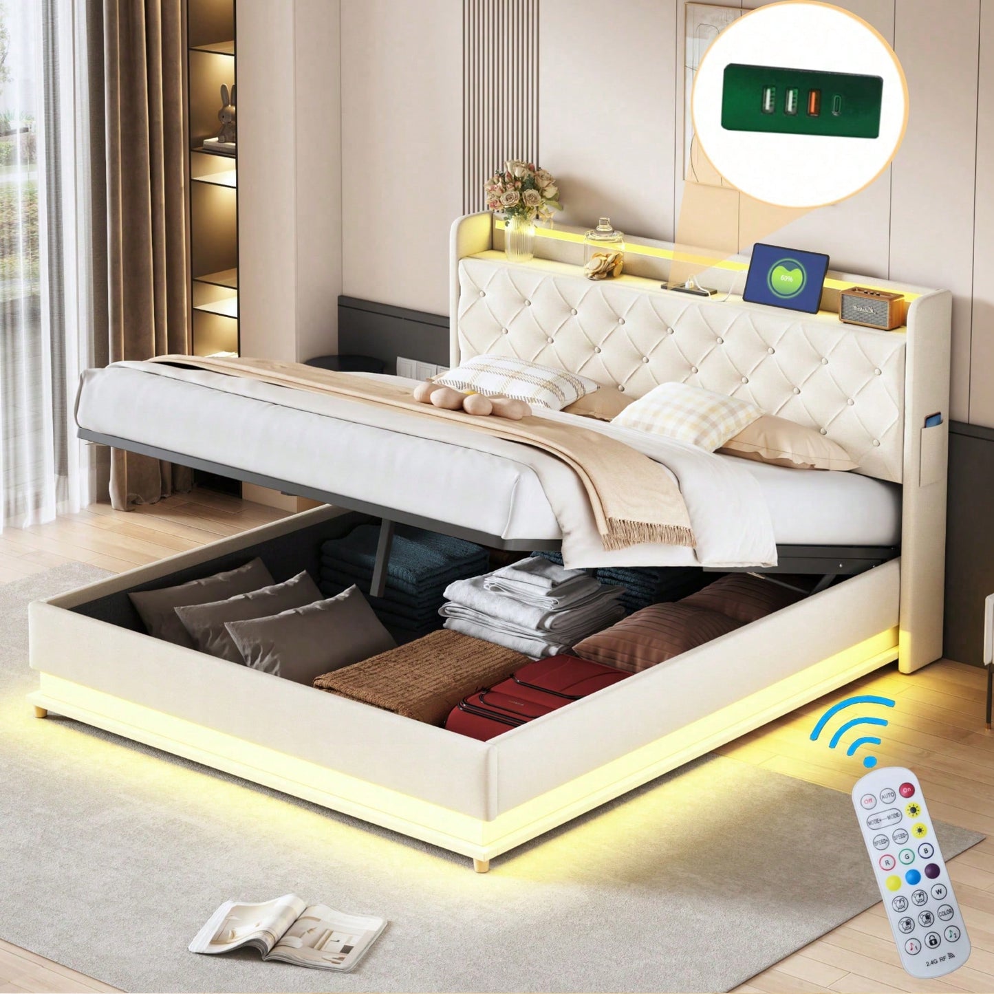 LED Polsterbett 160*200 cm mit USB-Ladeanschluss und Hydraulischer Lagerung, Hautfreundlicher Leinenstoff Beige
