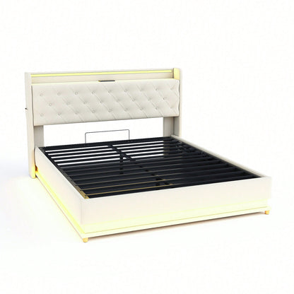 LED Polsterbett 160*200 cm mit USB-Ladeanschluss und Hydraulischer Lagerung, Hautfreundlicher Leinenstoff Beige