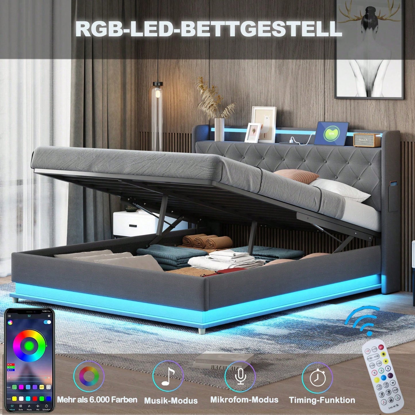 LED Polsterbett 160*200 cm mit USB-Ladeanschluss und Hydraulischer Lagerung, Hautfreundlicher Leinenstoff Beige