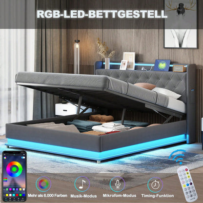 LED Polsterbett 160*200 cm mit USB-Ladeanschluss und Hydraulischer Lagerung, Hautfreundlicher Leinenstoff Beige