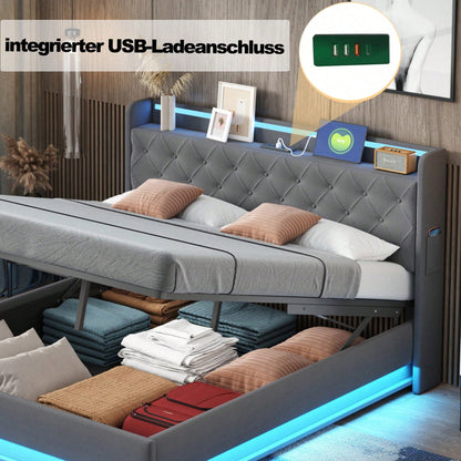 LED Polsterbett 160*200 cm mit USB-Ladeanschluss und Hydraulischer Lagerung, Hautfreundlicher Leinenstoff Beige