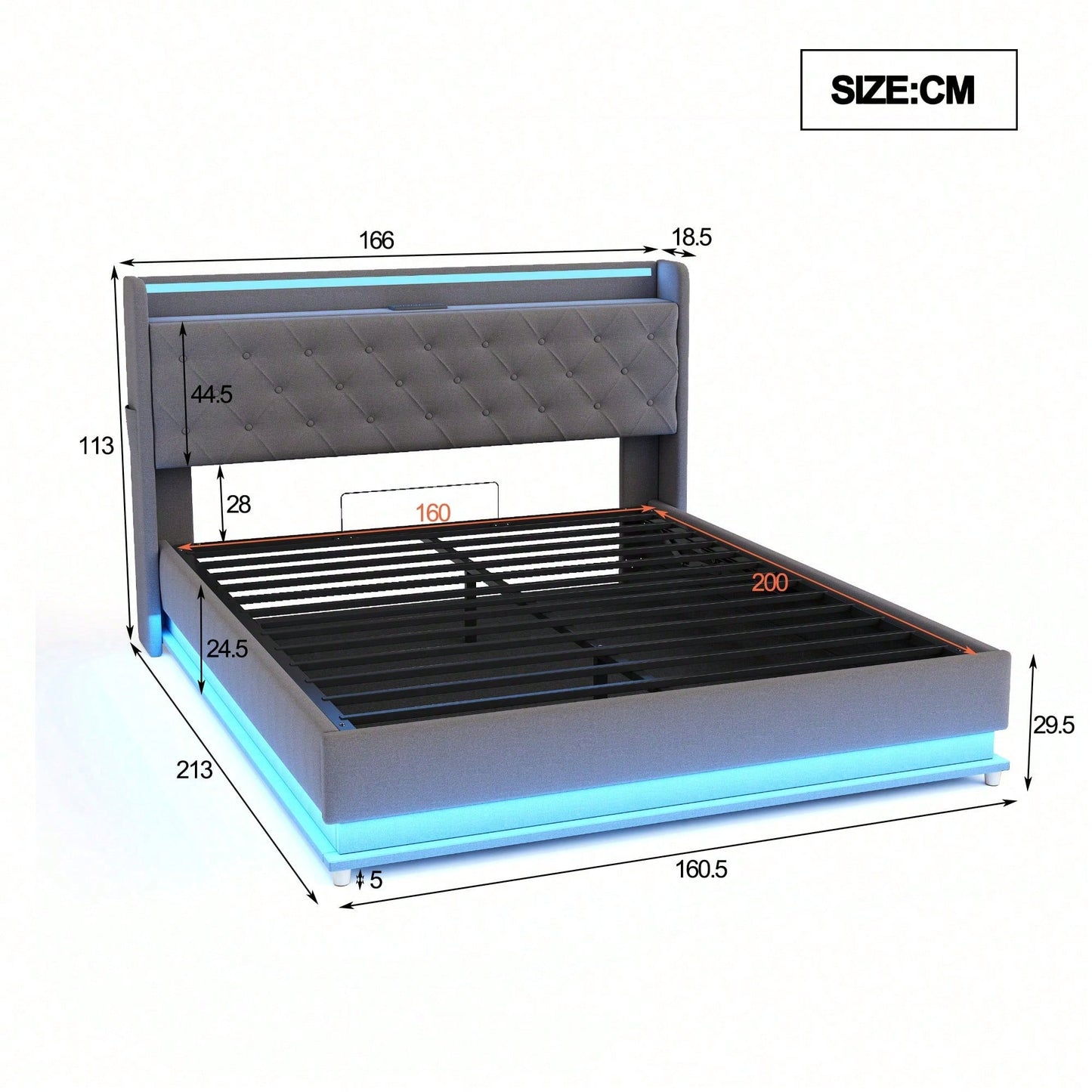 LED Polsterbett 160*200 cm mit USB-Ladeanschluss und Hydraulischer Lagerung, Hautfreundlicher Leinenstoff Beige