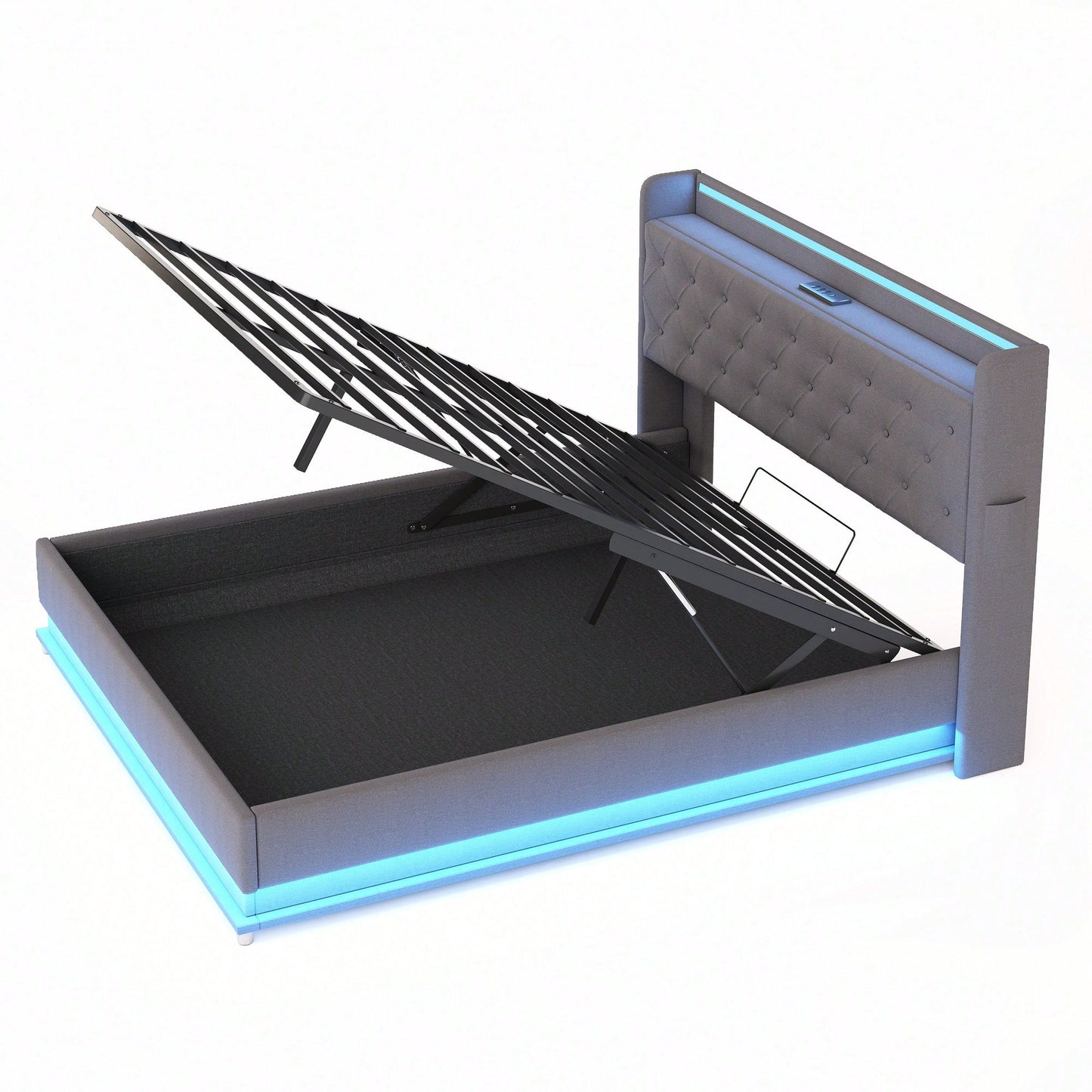 LED Polsterbett 160*200 cm mit USB-Ladeanschluss und Hydraulischer Lagerung, Hautfreundlicher Leinenstoff Beige