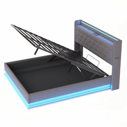 LED Polsterbett 160*200 cm mit USB-Ladeanschluss und Hydraulischer Lagerung, Hautfreundlicher Leinenstoff Beige