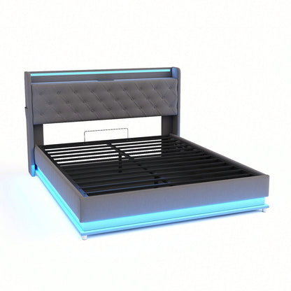 LED Polsterbett 160*200 cm mit USB-Ladeanschluss und Hydraulischer Lagerung, Hautfreundlicher Leinenstoff Beige