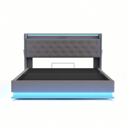 LED Polsterbett 160*200 cm mit USB-Ladeanschluss und Hydraulischer Lagerung, Hautfreundlicher Leinenstoff Beige