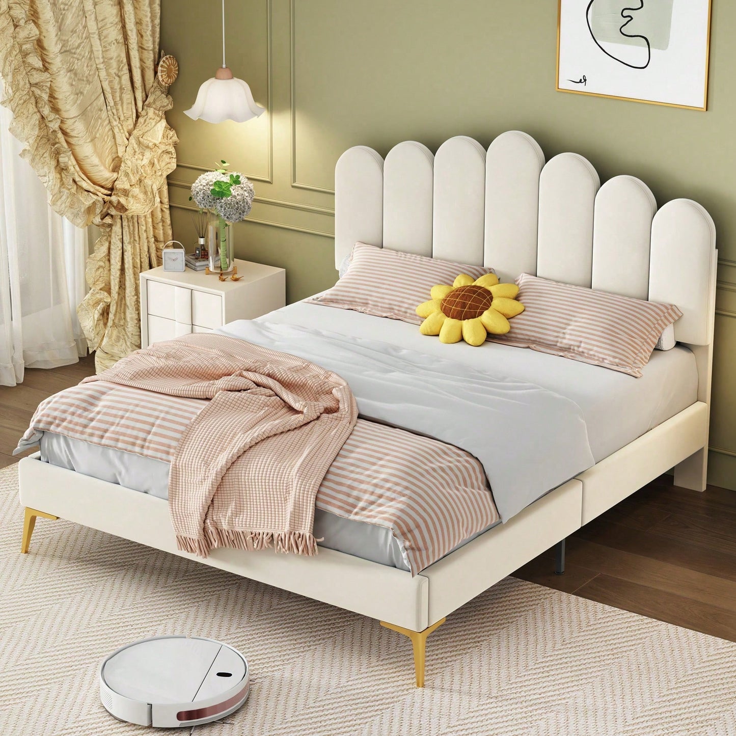 Polsterbett Doppelbett 140 x 200 cm, Bettgestell mit Kopfteil und Lattenrost, Erwachsenen-Jugendbett-Gästebett in hautfreundlichem Samtstoff Beige