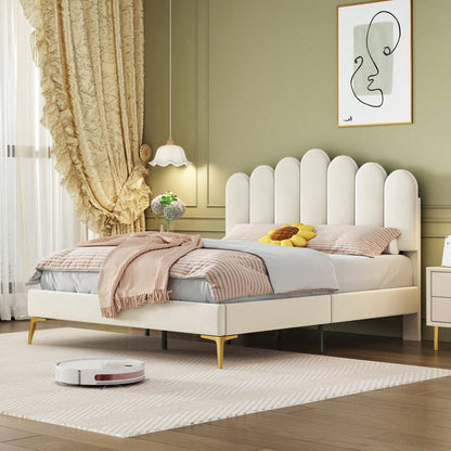 Polsterbett Doppelbett 140 x 200 cm, Bettgestell mit Kopfteil und Lattenrost, Erwachsenen-Jugendbett-Gästebett in hautfreundlichem Samtstoff Beige