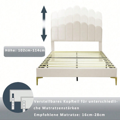 Polsterbett Doppelbett 140 x 200 cm, Bettgestell mit Kopfteil und Lattenrost, Erwachsenen-Jugendbett-Gästebett in hautfreundlichem Samtstoff Beige
