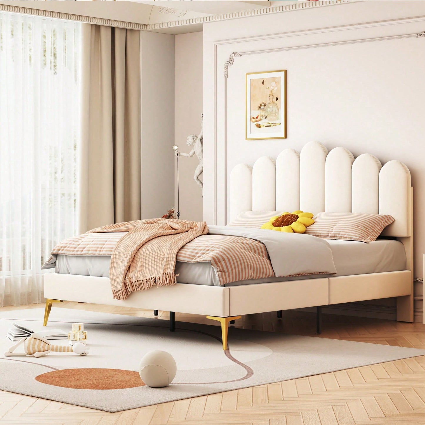 Polsterbett Doppelbett 140 x 200 cm, Bettgestell mit Kopfteil und Lattenrost, Erwachsenen-Jugendbett-Gästebett in hautfreundlichem Samtstoff Beige