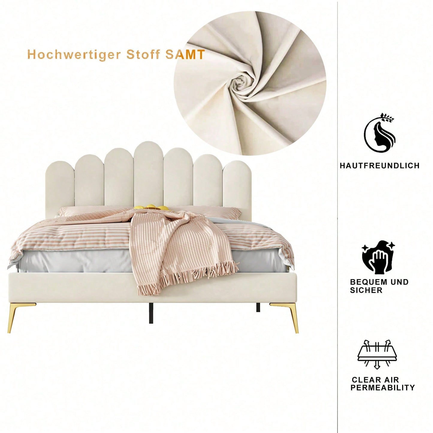 Polsterbett Doppelbett 140 x 200 cm, Bettgestell mit Kopfteil und Lattenrost, Erwachsenen-Jugendbett-Gästebett in hautfreundlichem Samtstoff Beige