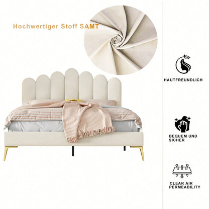 Polsterbett Doppelbett 140 x 200 cm, Bettgestell mit Kopfteil und Lattenrost, Erwachsenen-Jugendbett-Gästebett in hautfreundlichem Samtstoff Beige