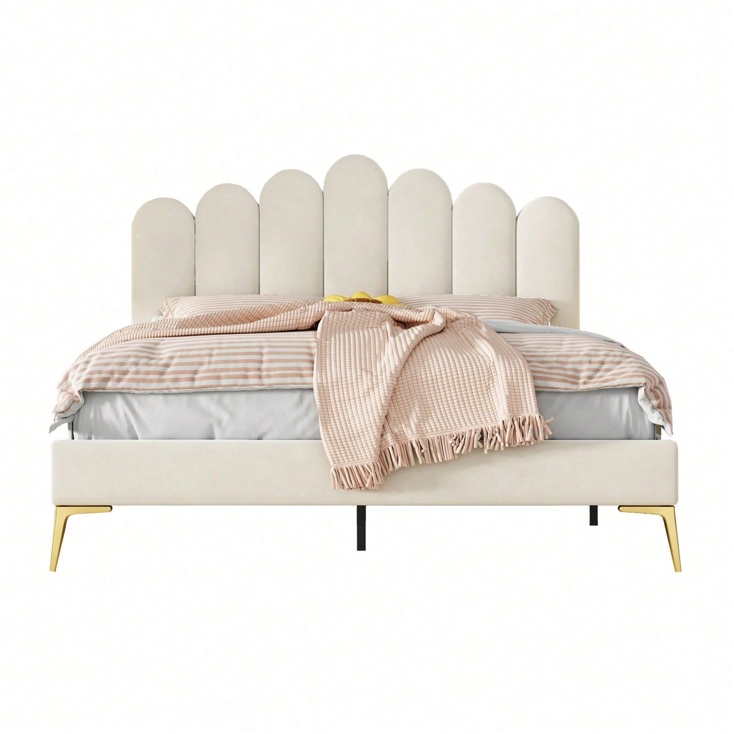 Polsterbett Doppelbett 140 x 200 cm, Bettgestell mit Kopfteil und Lattenrost, Erwachsenen-Jugendbett-Gästebett in hautfreundlichem Samtstoff Beige