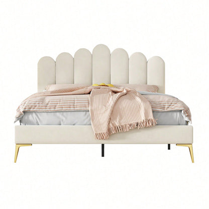 Polsterbett Doppelbett 140 x 200 cm, Bettgestell mit Kopfteil und Lattenrost, Erwachsenen-Jugendbett-Gästebett in hautfreundlichem Samtstoff Beige