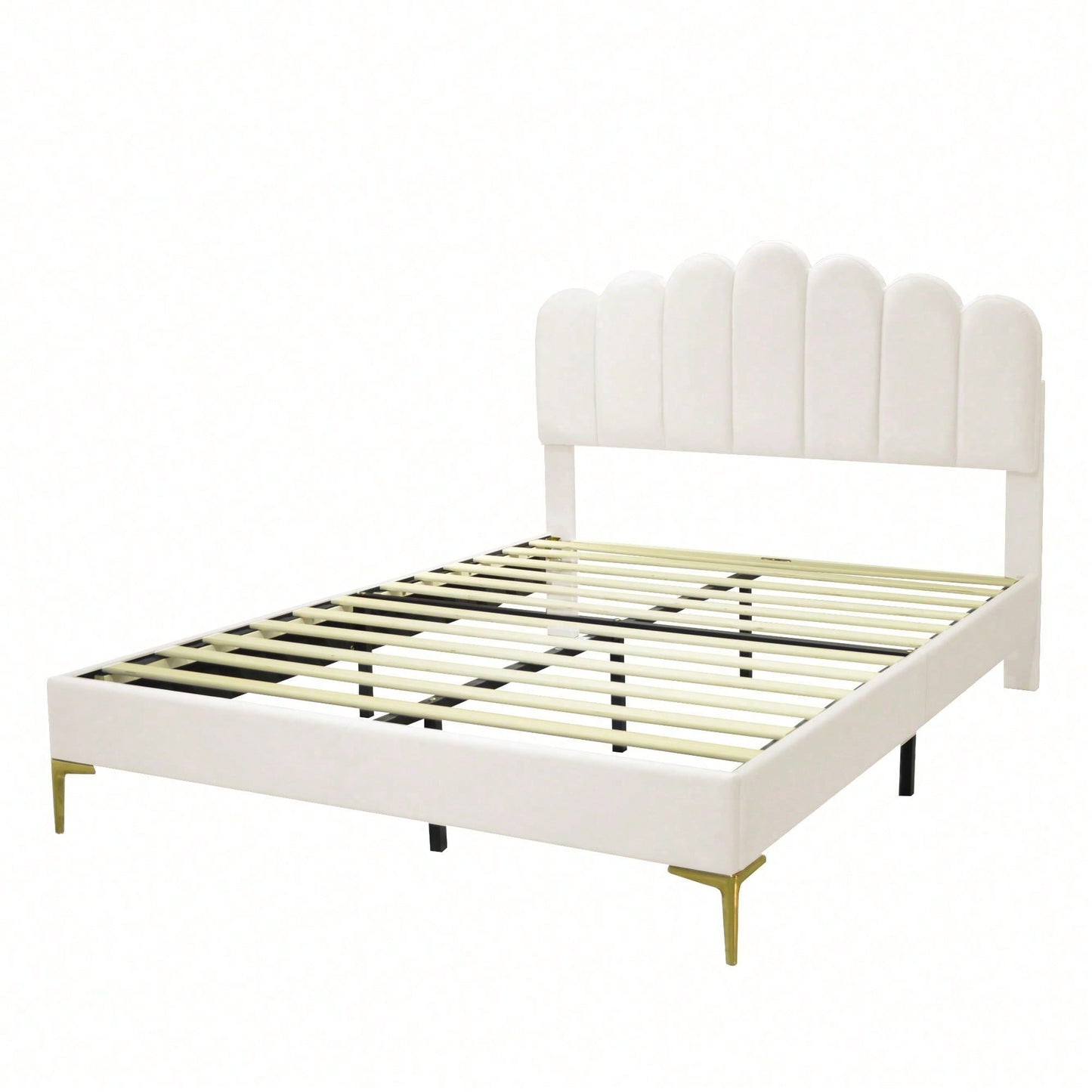 Polsterbett Doppelbett 140 x 200 cm, Bettgestell mit Kopfteil und Lattenrost, Erwachsenen-Jugendbett-Gästebett in hautfreundlichem Samtstoff Beige