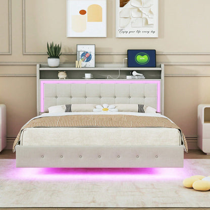 Polsterbett 140*200, mit USB-Steckdose und LED-Licht, Bett kann am Kopfende des Bettes platziert werden, verstecktes Fußdesign, Doppelflachbett, Leinenstoff beige