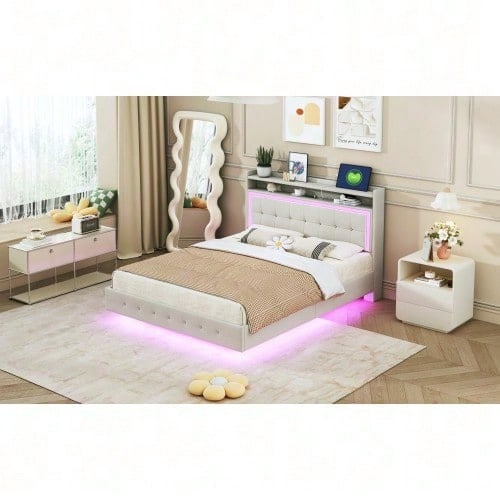 Polsterbett 140*200, mit USB-Steckdose und LED-Licht, Bett kann am Kopfende des Bettes platziert werden, verstecktes Fußdesign, Doppelflachbett, Leinenstoff beige